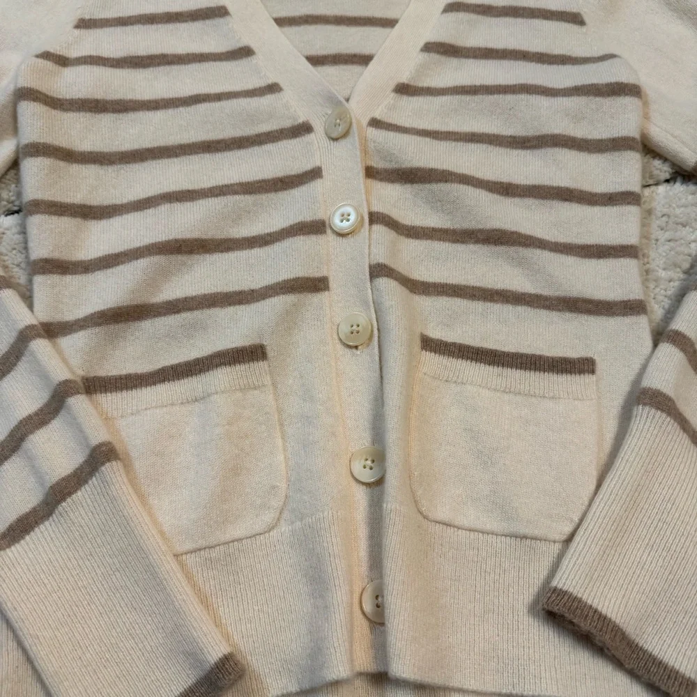 Nordstrom 100% Cashmere Striped Cream and Brown Cardigan - Picture 3 of 4